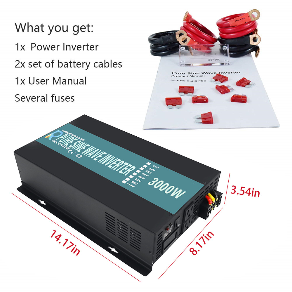 3000W Pure Sine Wave Inverter 24 Volt DC to AC 120V Power Car Truck Motor Solar