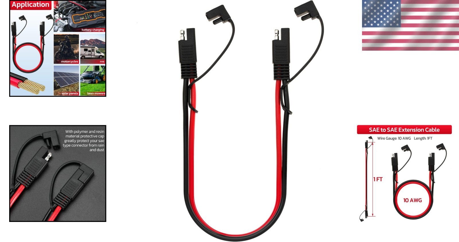10 Gauge SAE to SAE Extension Cord 1FT – Two-Prong Water Resistant Connection