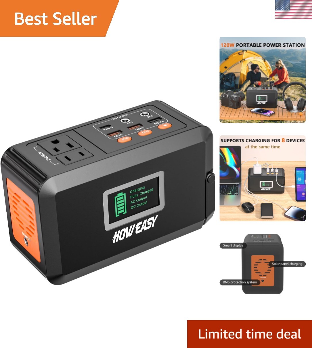 Compact Lithium Battery Power Station with 8 Outputs – 150W Peak for Outdoors