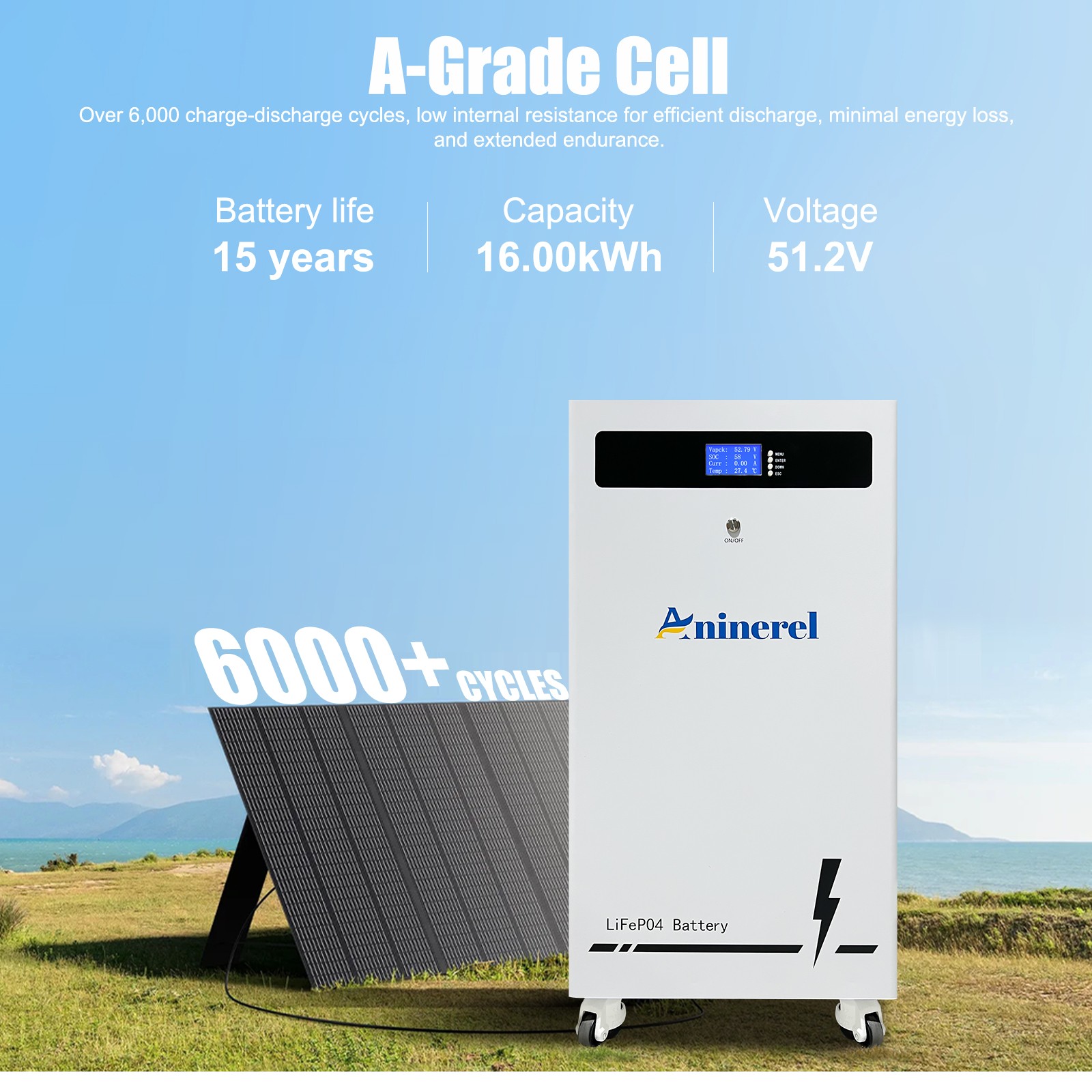 ANINEREL 16kWh 48V 314AH LiFePO4 Battery + 6kw/11kw Solar Hybrid Inverter US