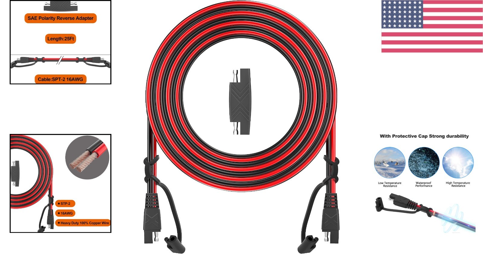 Water-Resistant 12FT SAE Extension Cord | 16AWG Heavy Duty with Polarity Adapter