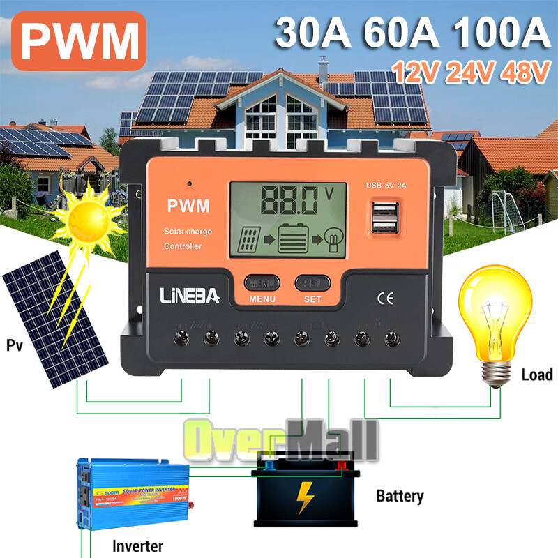 12/24V 30/60/100A MPPT Solar Charge Controller Panel Battery Regulator Dual USB