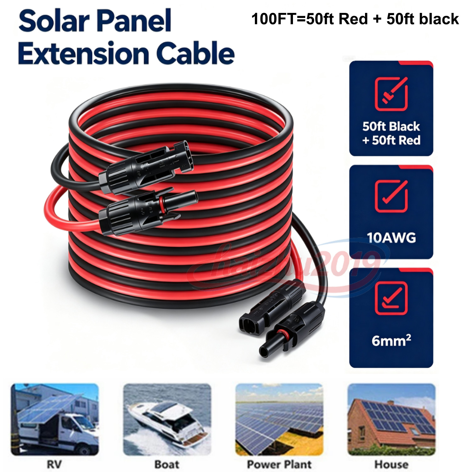 100FT 10 AWG Solar Panel Extension Cable PV Wire +Pair Solar Connectors 6mm²