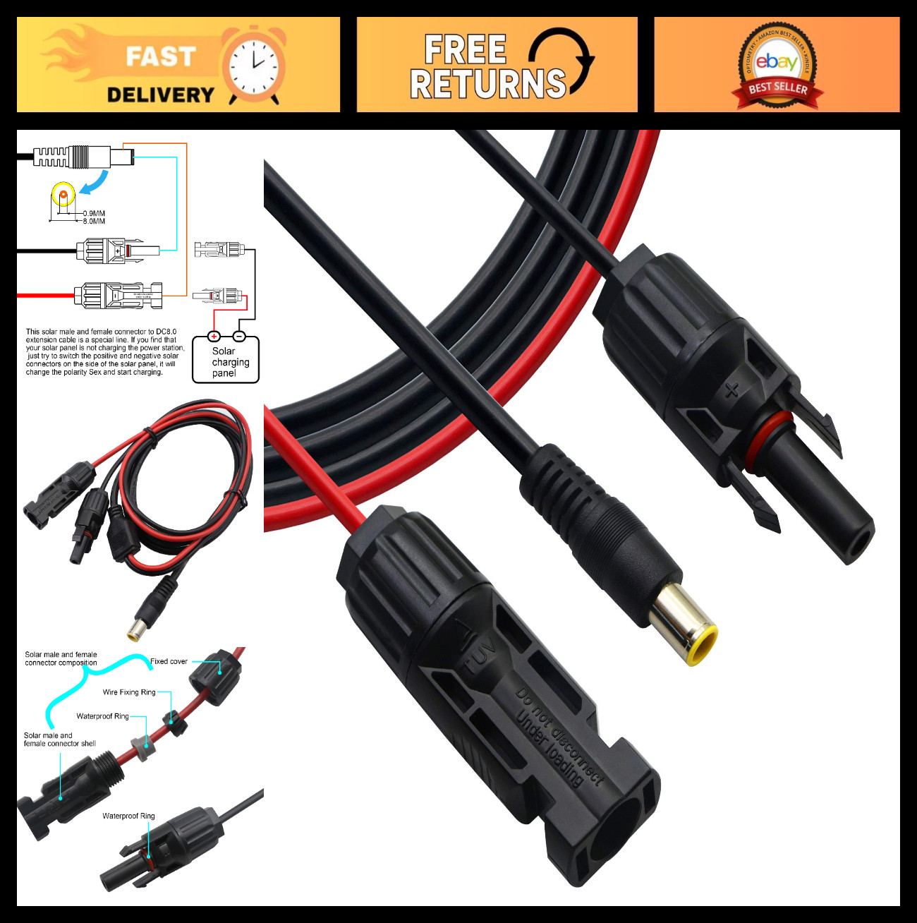 Solar Panel Connector to DC 8mm Adapter Cable, 16 AWG Converter for Power Statio