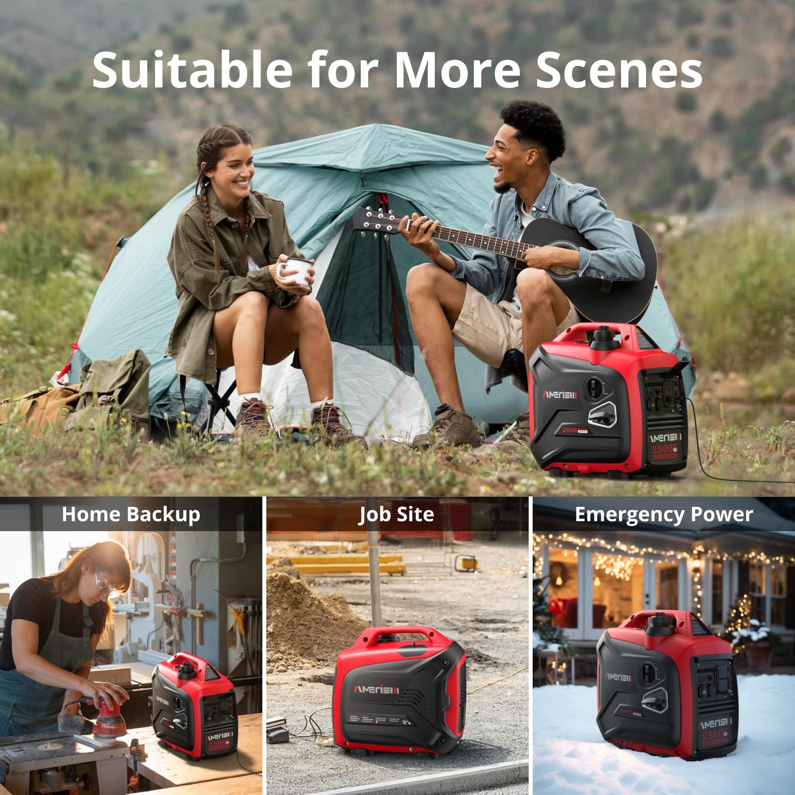 AMERISUN 2500W Portable Inverter Generator, Gas Powered Generator with CO Sen…