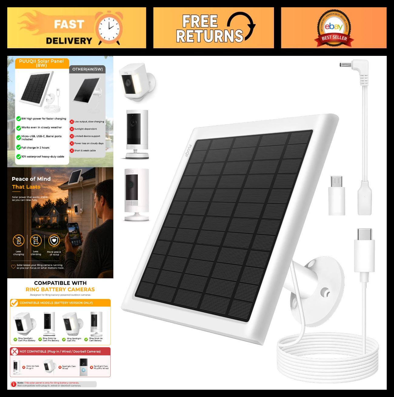 8W Solar Panel Charger for Ring Cameras, IP65 Waterproof, 10ft Cable, USB-C Adap