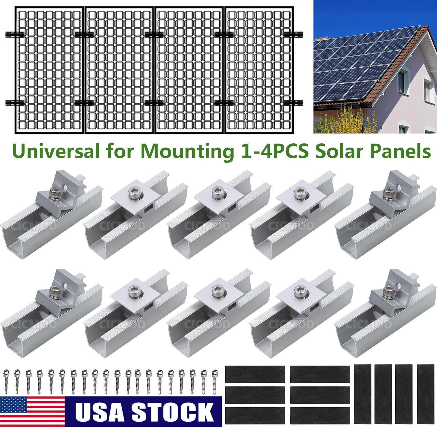 Universal Solar Panel Roof Mount Brackets Clamp Kit for 4x Solar Panels Mounting