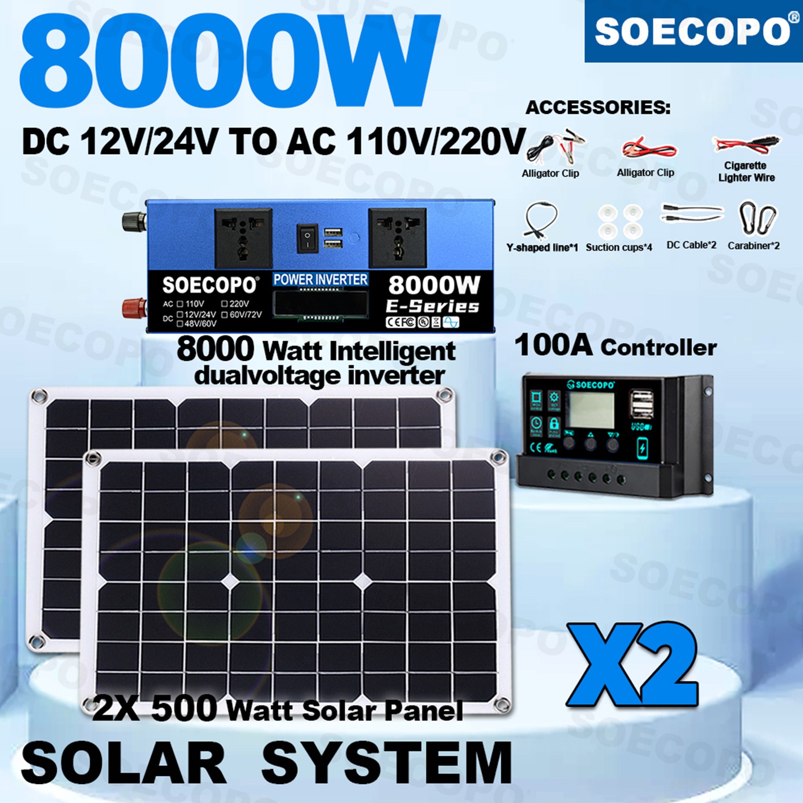 8000W Off-Grid Solar (12V/24V to 110V/220V) 2pcs Solar Panels,Charge Controlled1
