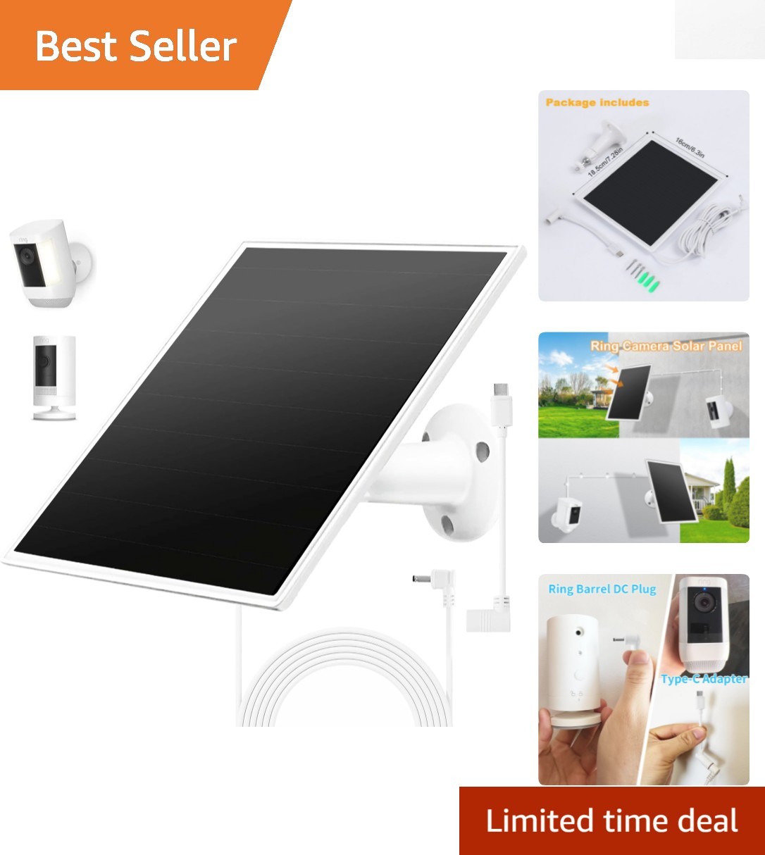 Durable Waterproof Solar Panel for Ring Battery Cameras – 360° Adjustable Mount