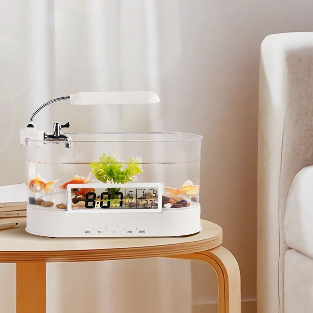 LED Desk Lamp Fish Tank with Smart Alarm Clock and Water Circulation System