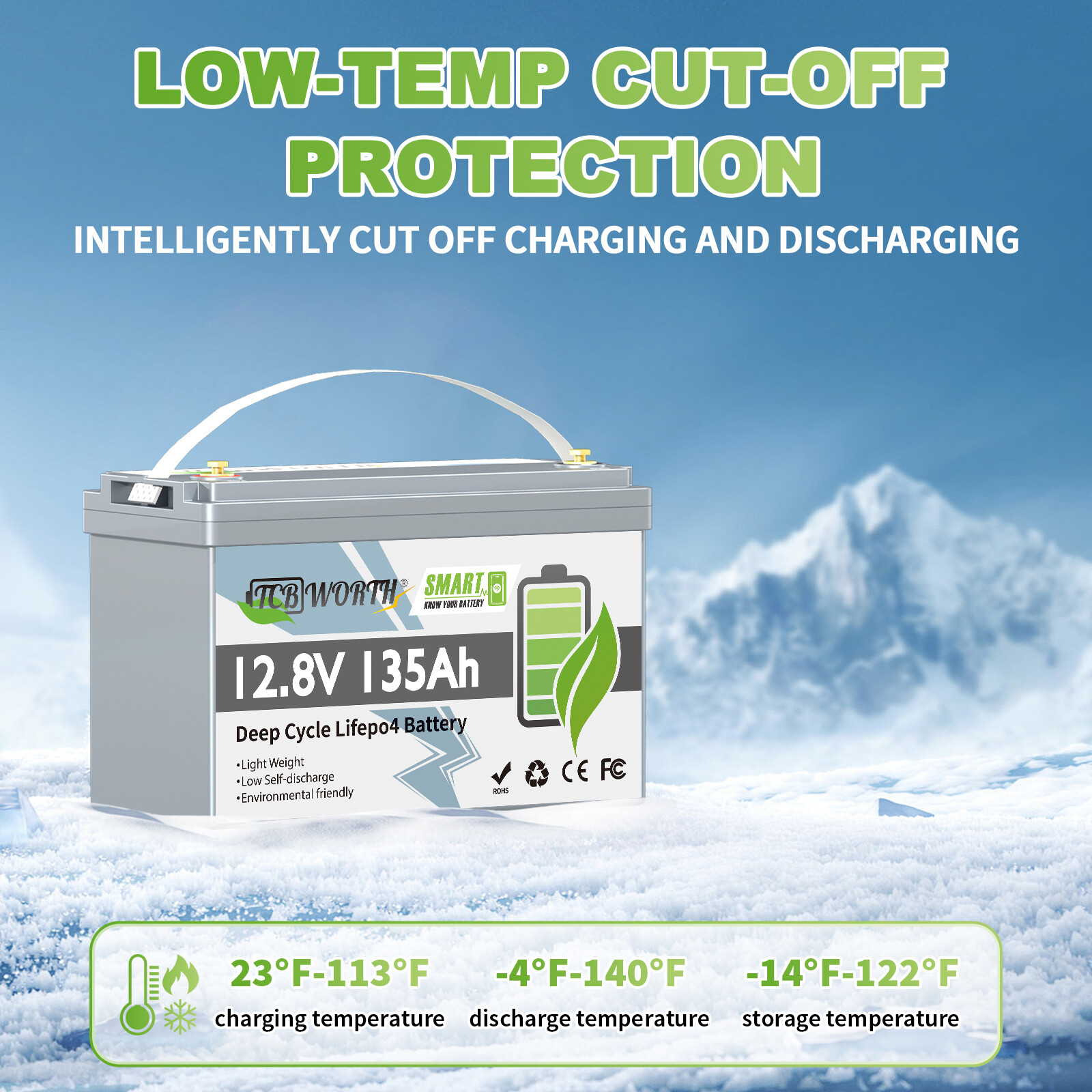 12V 135Ah LiFePO4 Lithium Battery 1728Wh Smart Bluetooth BMS for RV Marine Solar