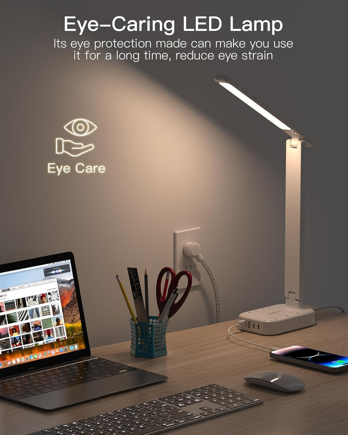 One Beat Small LED Desk Lamp Power Strip 5Ft Extension Cord with 3 Outlets 4 USB