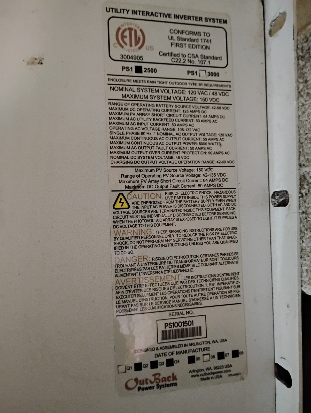 Outback Power PS1- 2500 Power System Pre Wired Solar System Cabinet 24V/120 NOS
