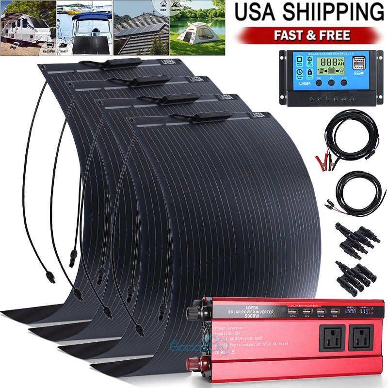 Flexible Solar Panel Kit RV Camping Off-Grid Rooftop & 5000W Inverter/Controller