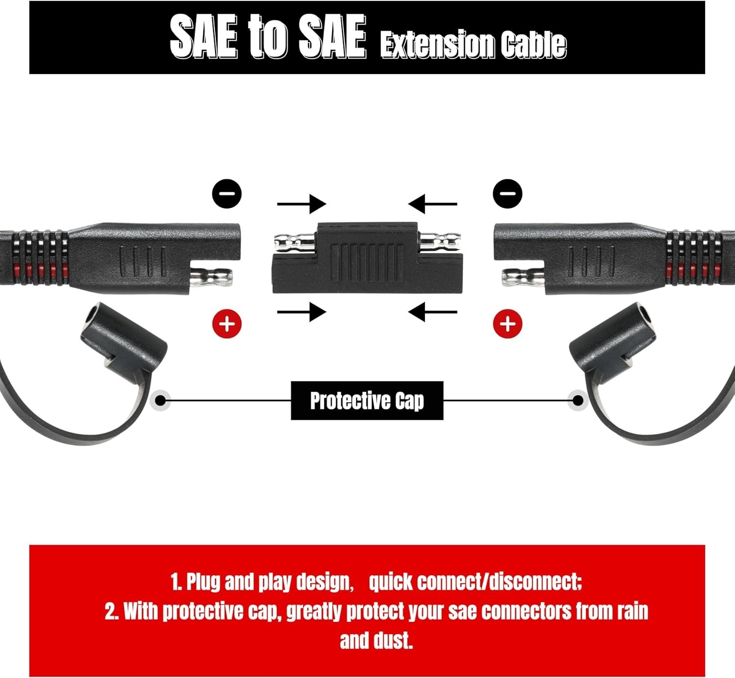 3FT 10AWG SAE Extension Cable for Solar Panel RV Battery Automotive