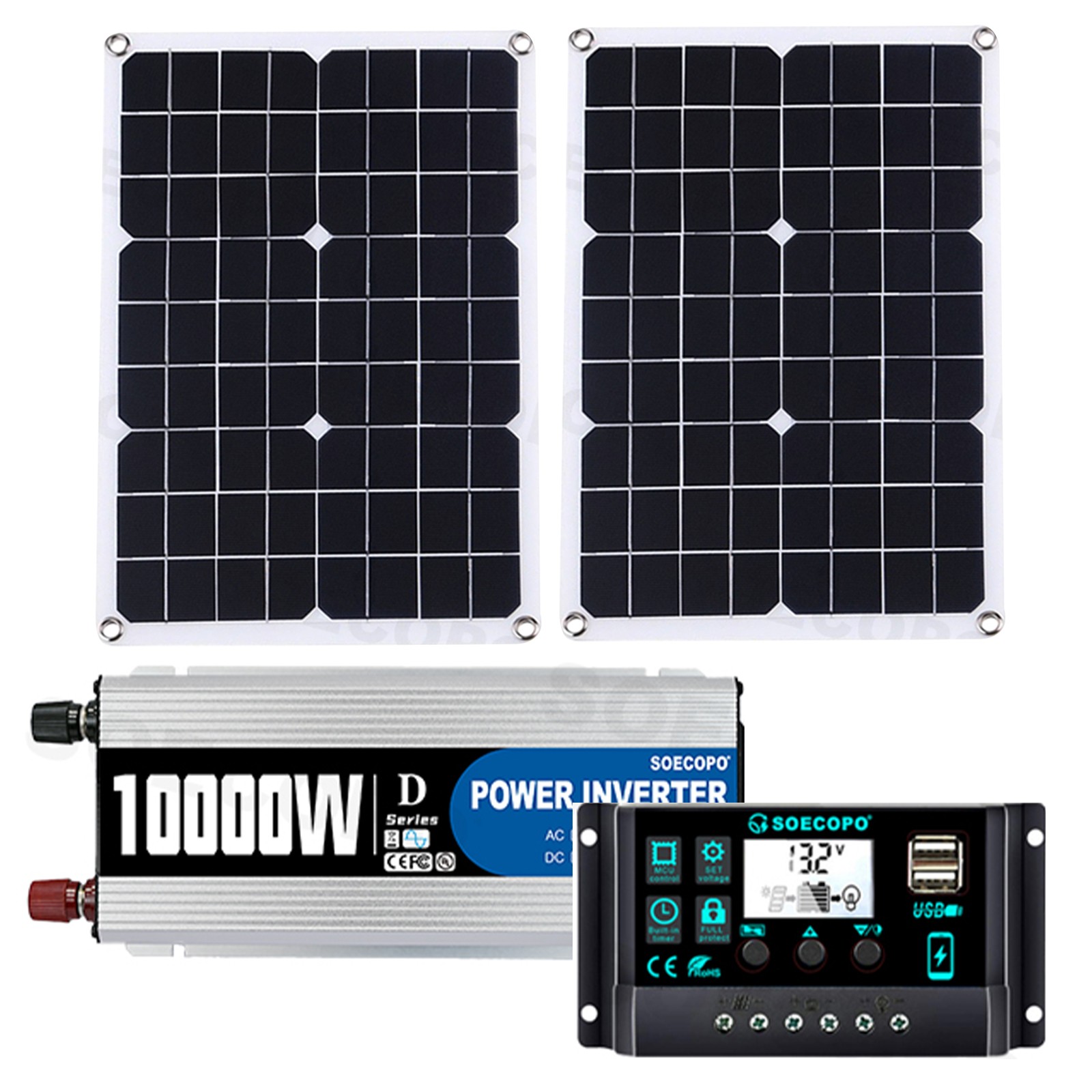 10000W Solar Power Kit 12V-110V/220V + 2pcs Solar Panels + 100A ControllerxY