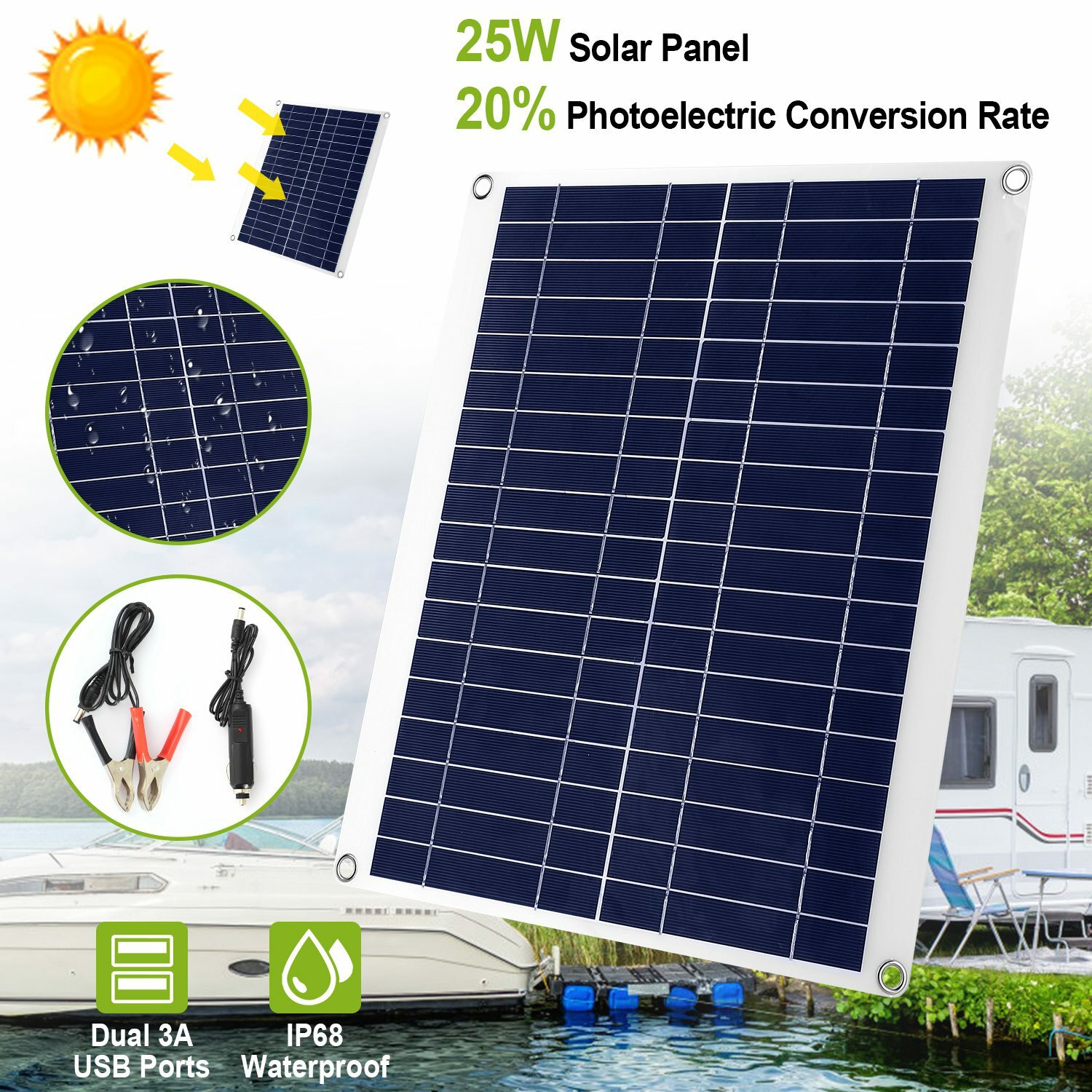 25W Flexible Solar Panel Car Battery 12V Trickle Charger Car Boat RV Car Home
