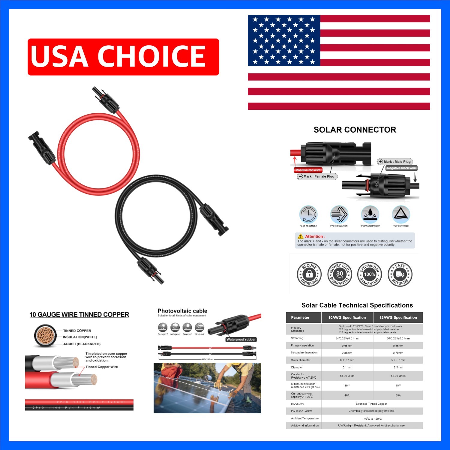 1 Pair 6 Feet Black + 6 Feet Red 10AWG6mm² Solar Panel Extension Cable Wire w…