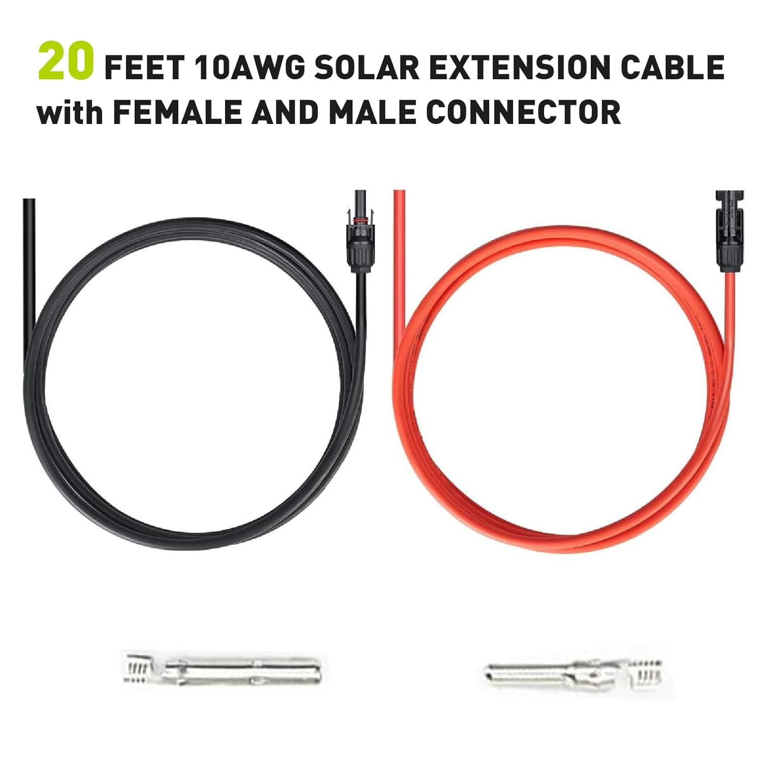 20FT 10AWG Solar Panel Extension Cable 30A/1000V DC, Compatible Quick Connectors