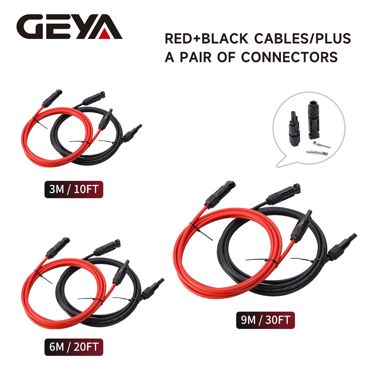 GEYA PV Wire Connector 10 AWG Solar Panel Extension Cable 1Pair Black & Red 6mm²