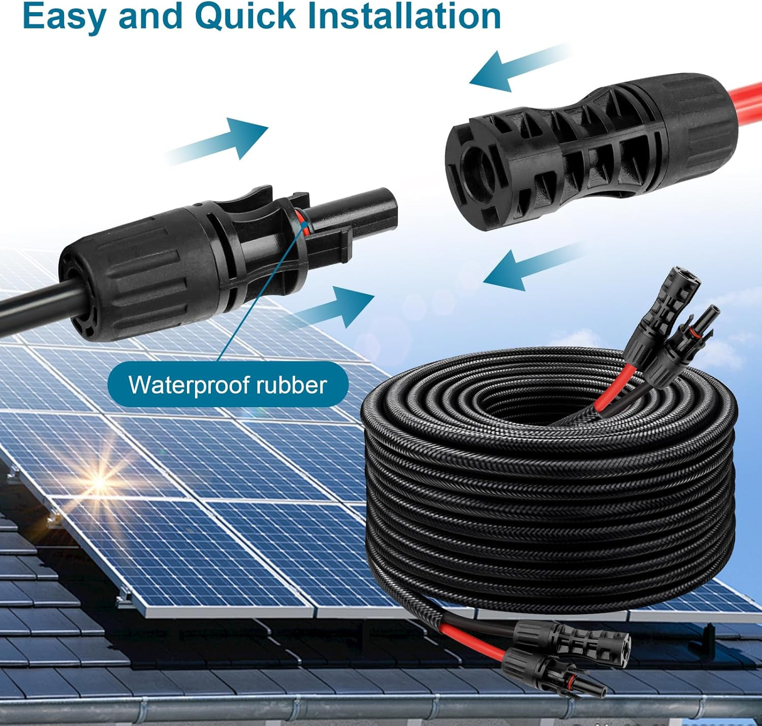 Solar Panel Extension Cable – 8AWG 50FT Solar Wire with Female & Male Waterproof
