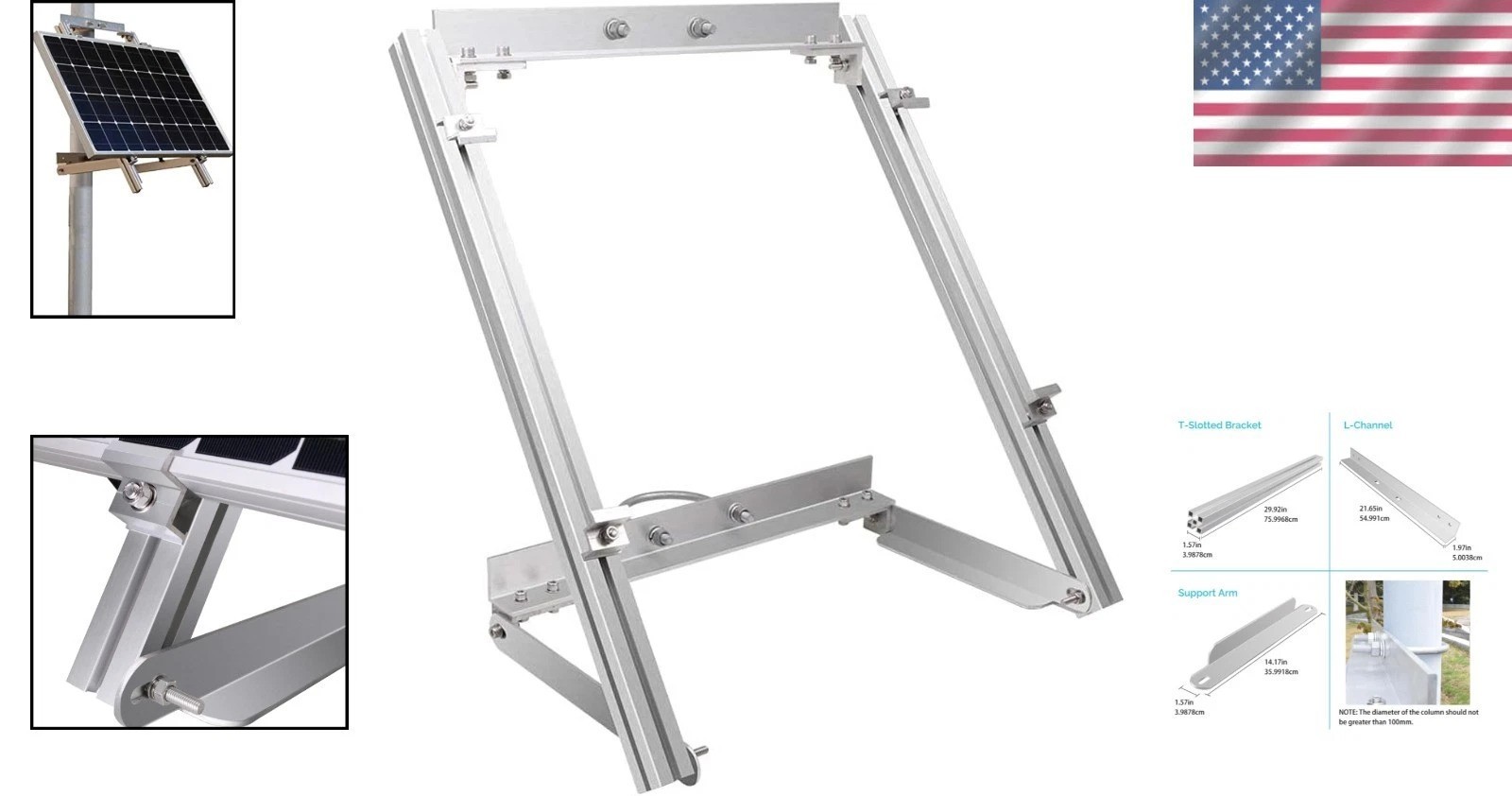 Heavy-Duty Aluminum Solar Panel Pole Mount Kit for 100W Off-Grid Flat Surfaces