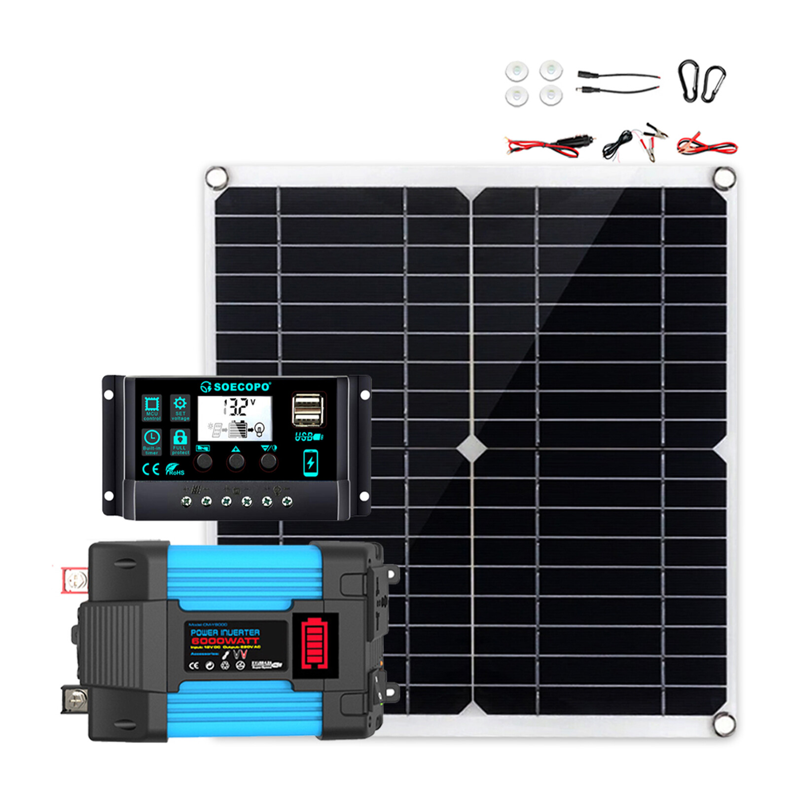 6000W Solar Power System 100A MPPT Controller 300W Panel 12V to 110V/220V