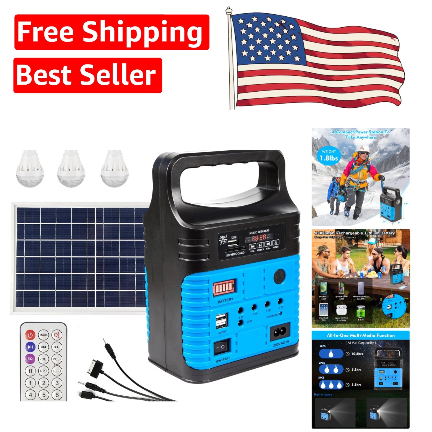 All-in-One Compact Solar Generator with 10W Output & LED Flashlight for Camping