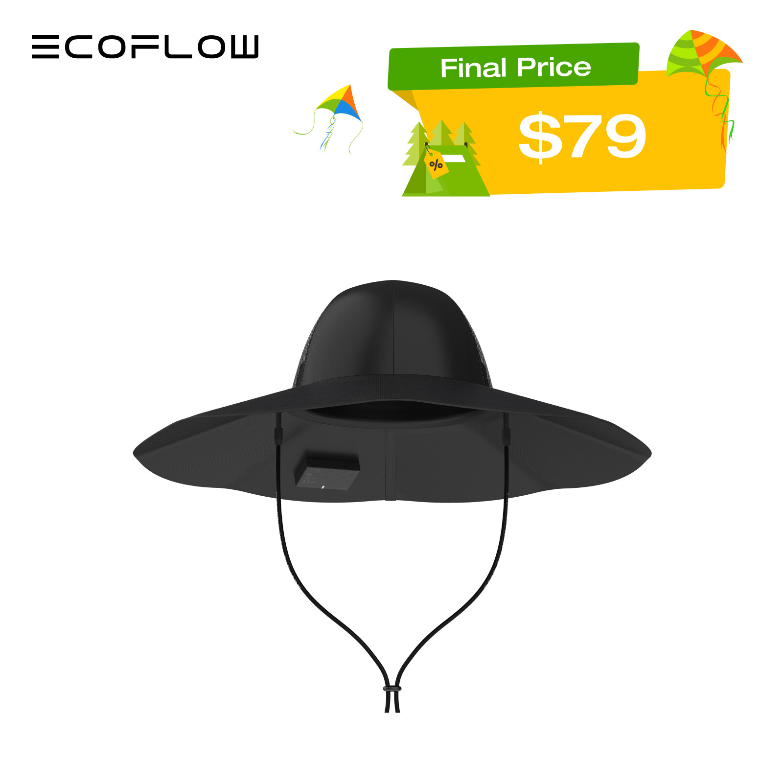 EcoFlow Power Hat Solar Charging Bucket Fishing Hat Dual USB-A/C Ports 22.8 in