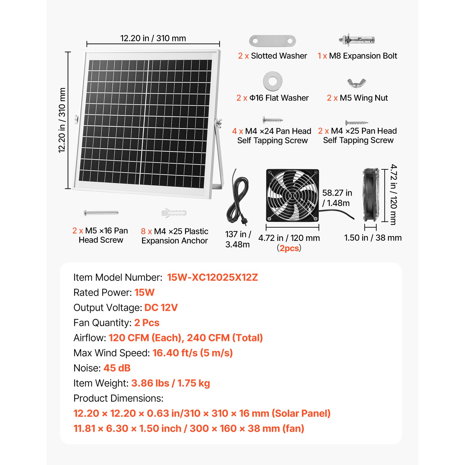Solar Powered Fan, 15W Solar Panel with 2 Fans, Adjustable Solar Panel Angle