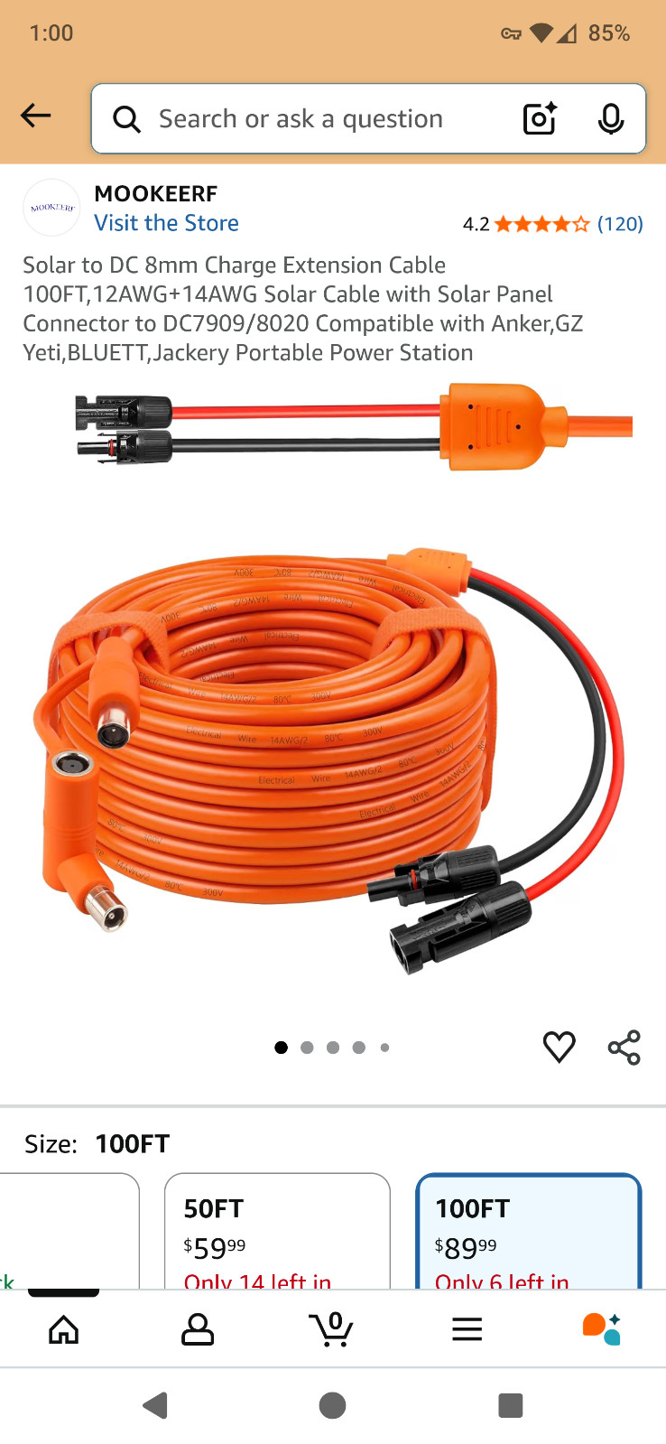100FT 14 AWG Solar Extension Cable for Jackery Bluetti GZ Yeti Power Stations