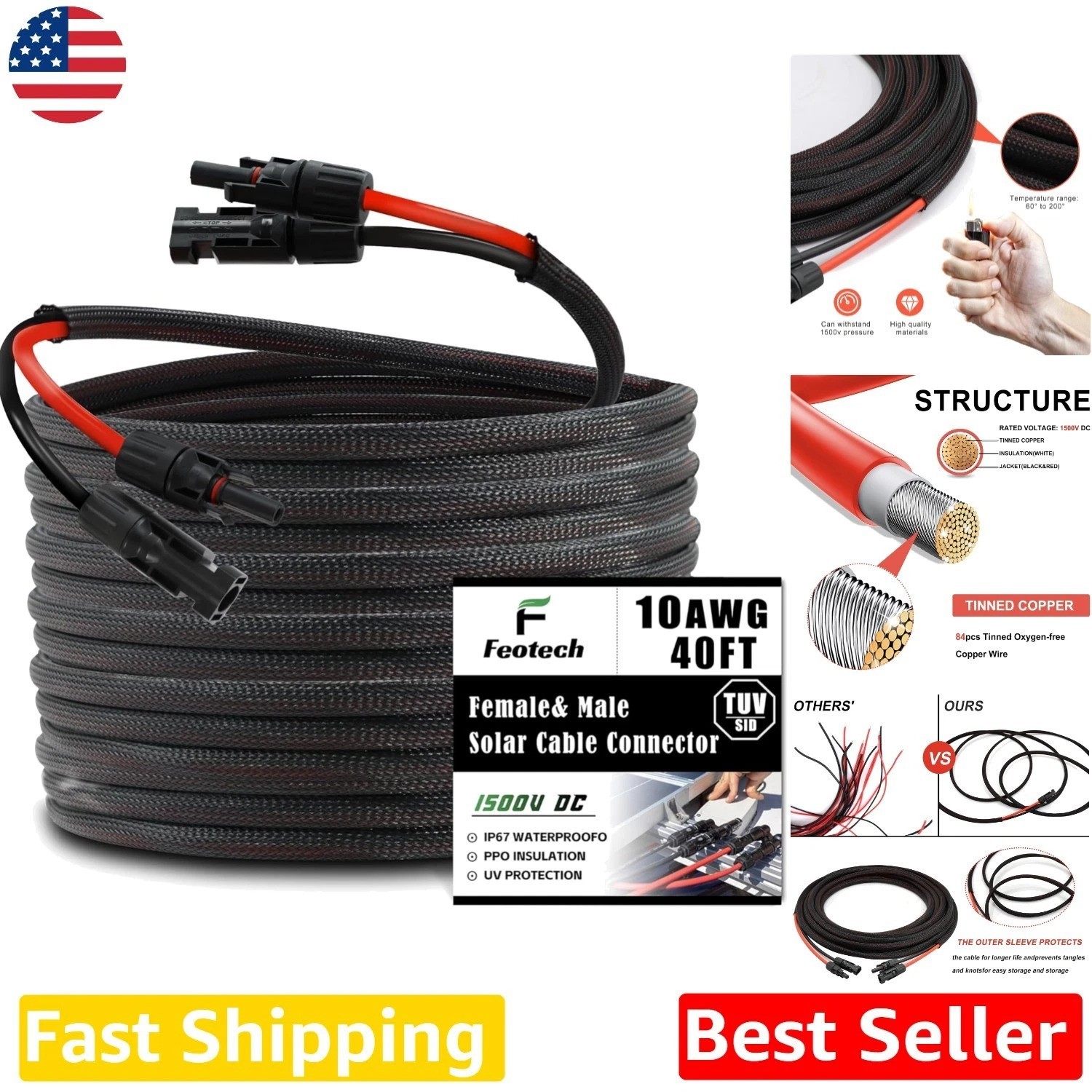 Heavy Duty 40ft 10AWG Solar Extension Cable, Braided Sleeve, MC4 Connectors
