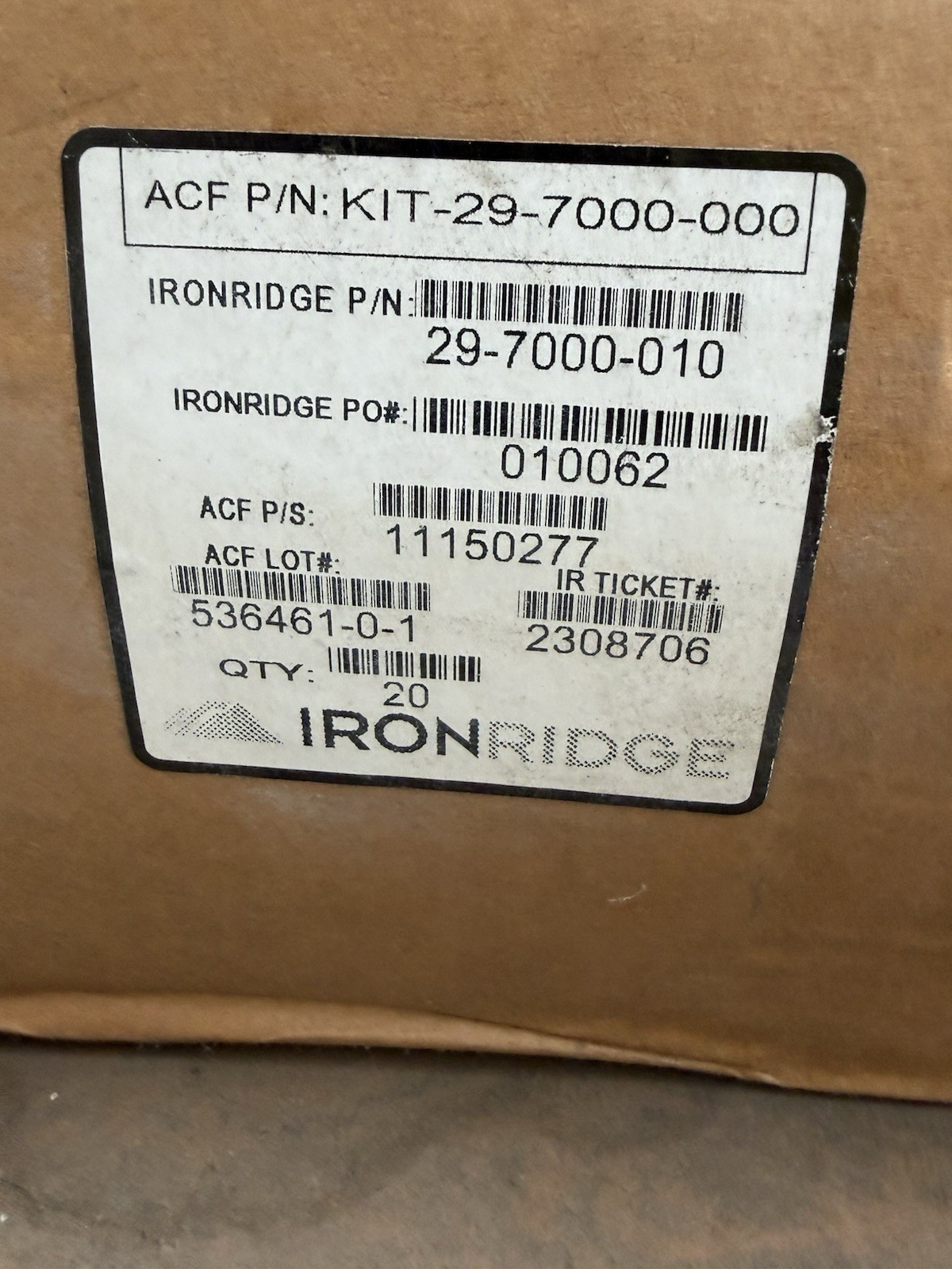Iron ridge Solar Mounts KIT-29-7000-000 Rev A , 20 Kits( 1 Per Kit)