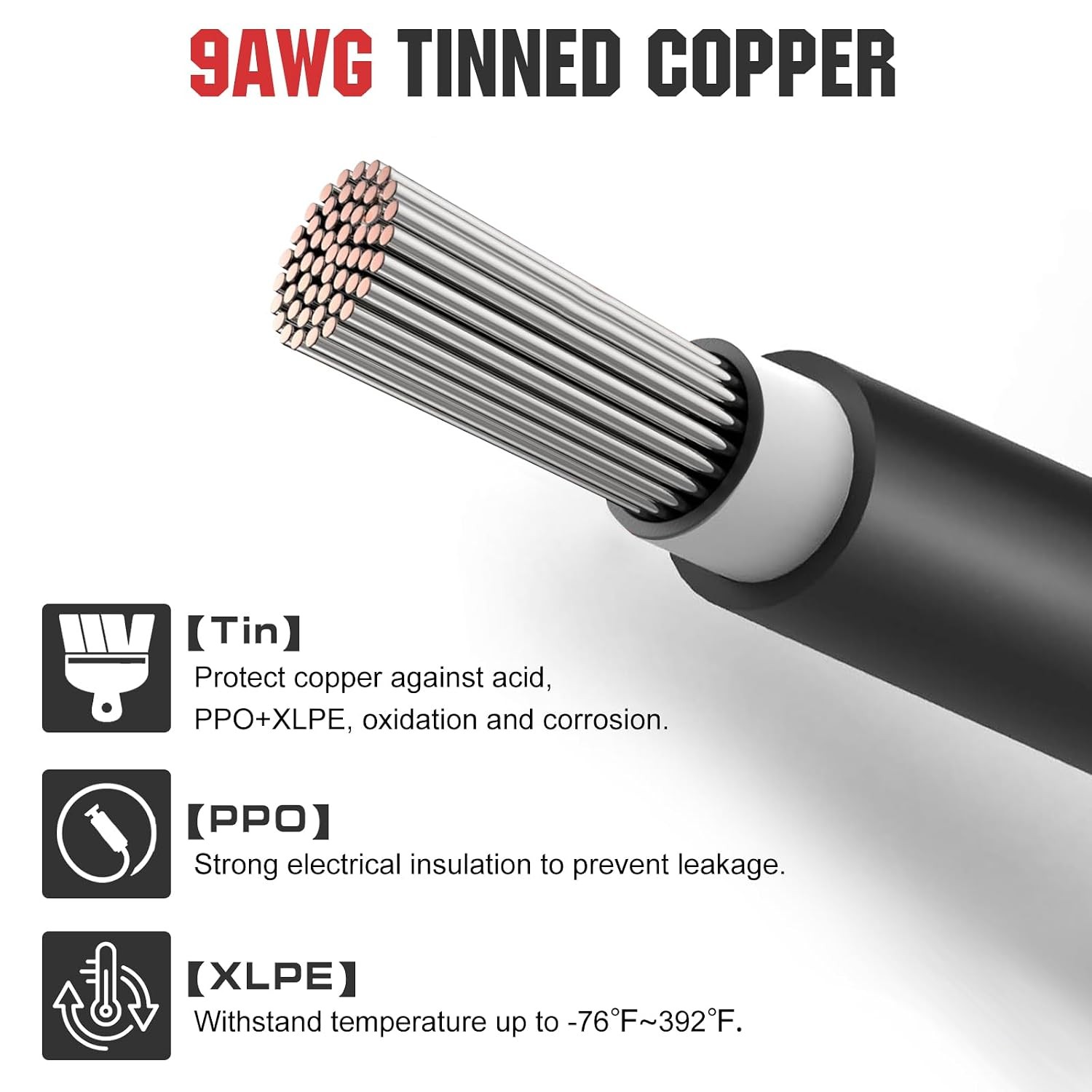 DC HOUSE 9AWG Battery Cable 12 Inch with 13/64′ Lug Terminals Tinned Copper