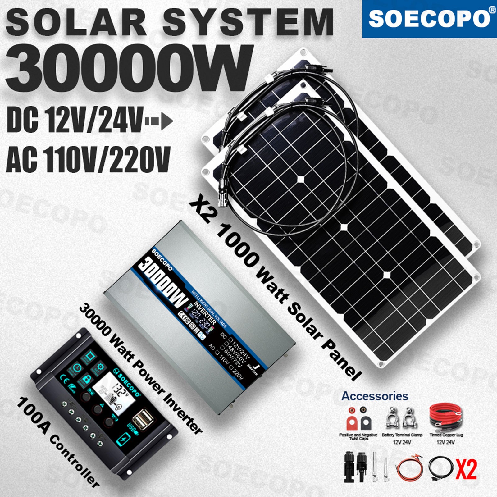 30000 Peak Solar System Kit 2pcs Flexible Panel DC 12V/24V AC110V 220V Invertet