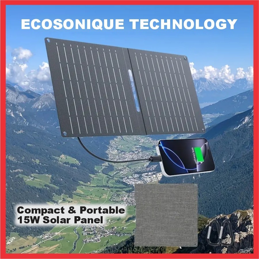Ecosonique 15W Foldable Solar Charger Panel Dual USB-A & USB-C Fast Charging