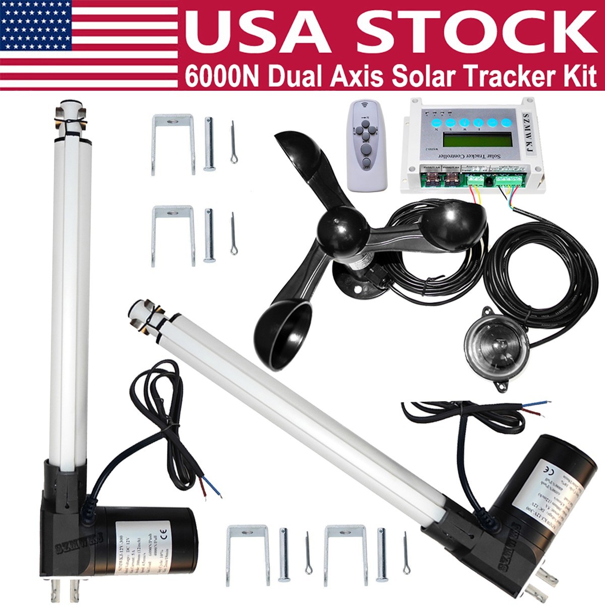 6000N Complete Dual Axis Solar Track Tracker 12″ Linear Actuators Anemometer Kit