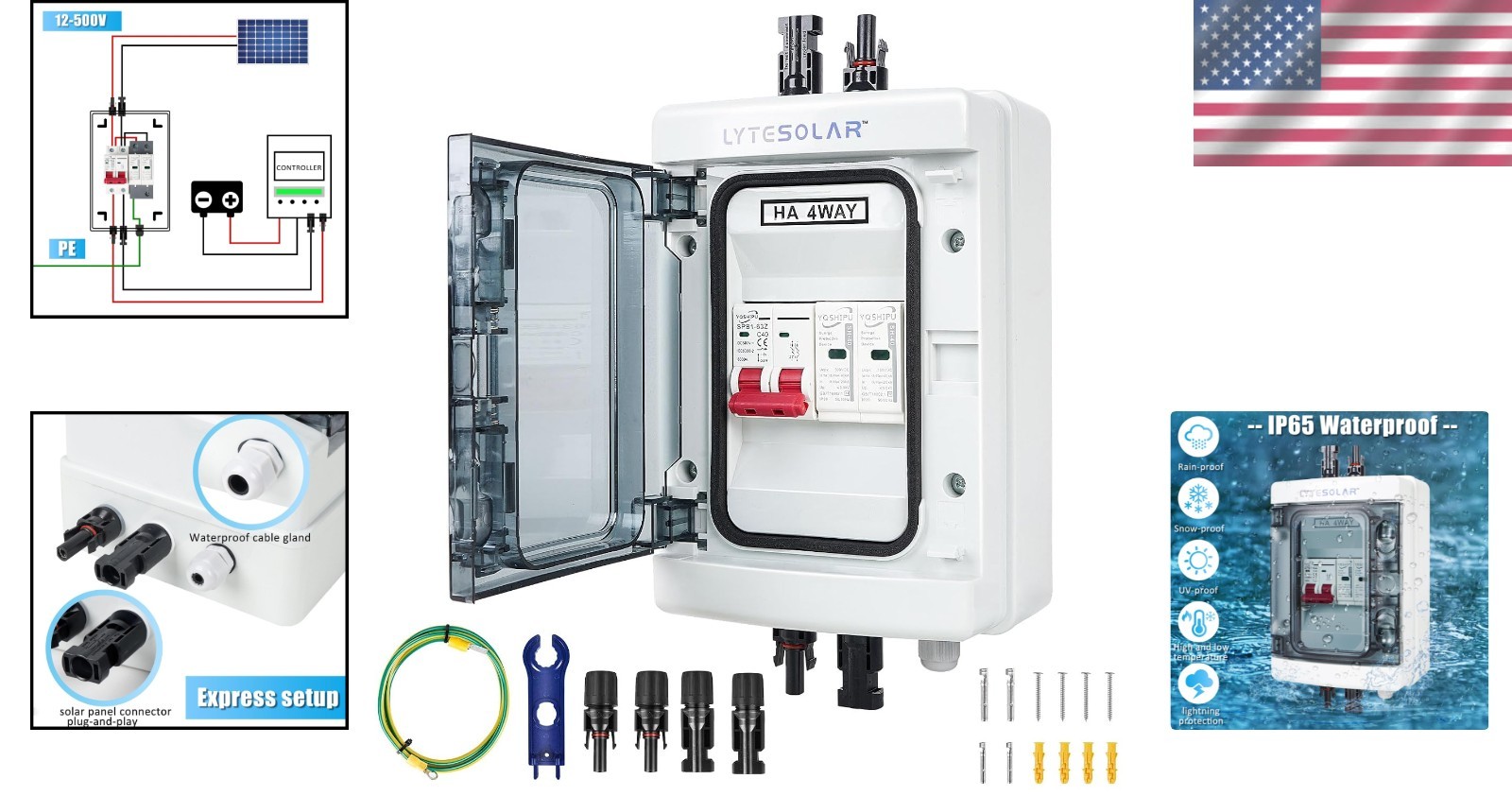 Solar Panel Combiner Box 1 In 1 Out 40A Waterproof Disconnector Surge Protector