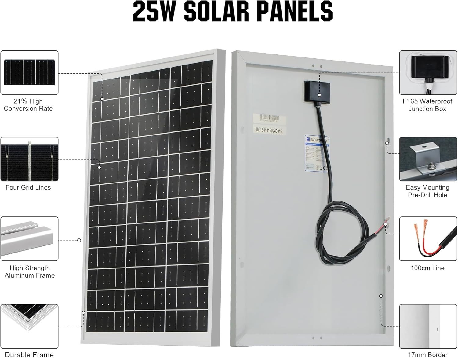 Eco-Worthy Monocrystalline Solar Panel Off-Grid Battery Charger RV Boat 25W 12V