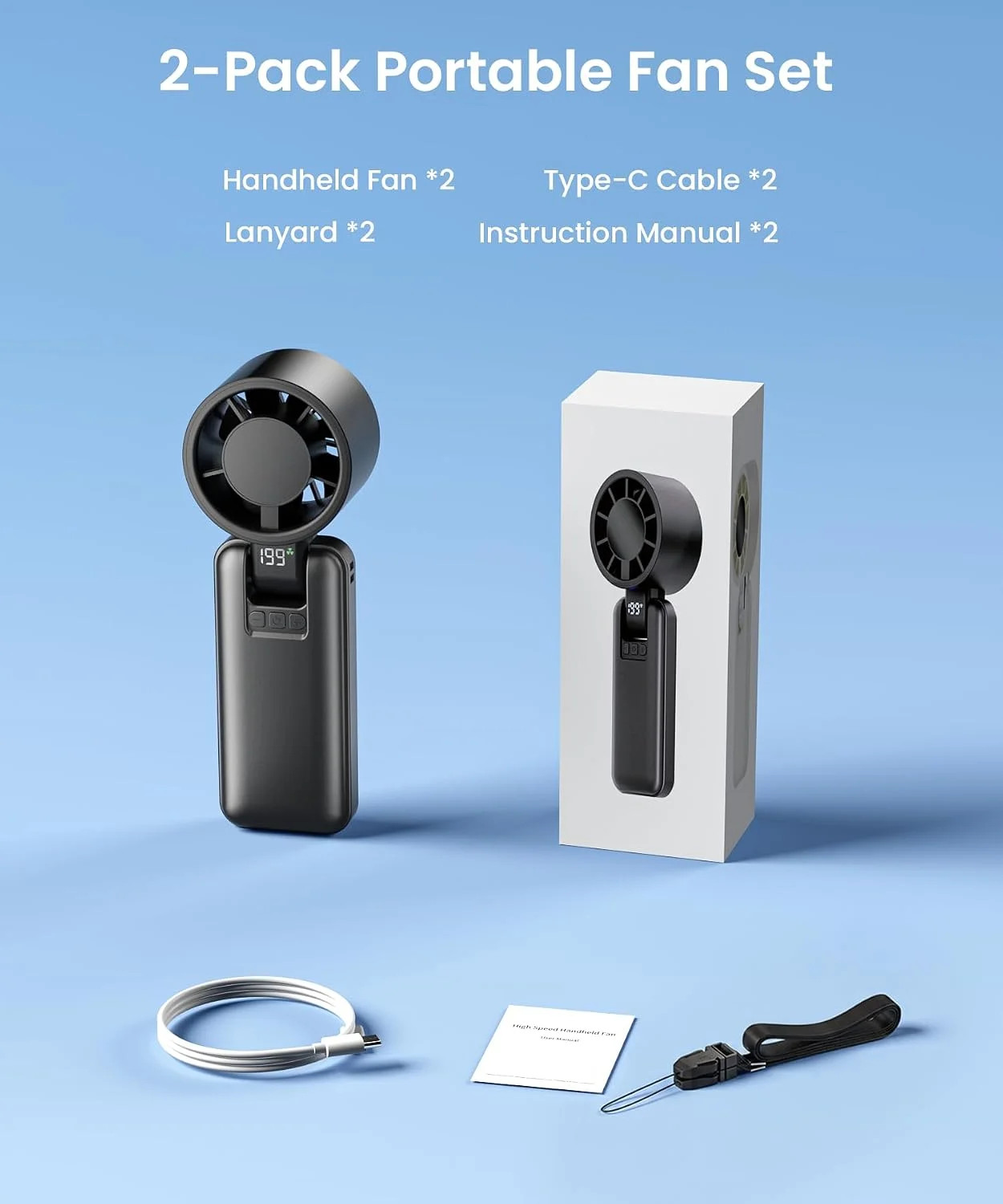 2 Pack Portable Mini Handheld Fan, 199-Level Stepless Speed,Black | 4000mAh Rech