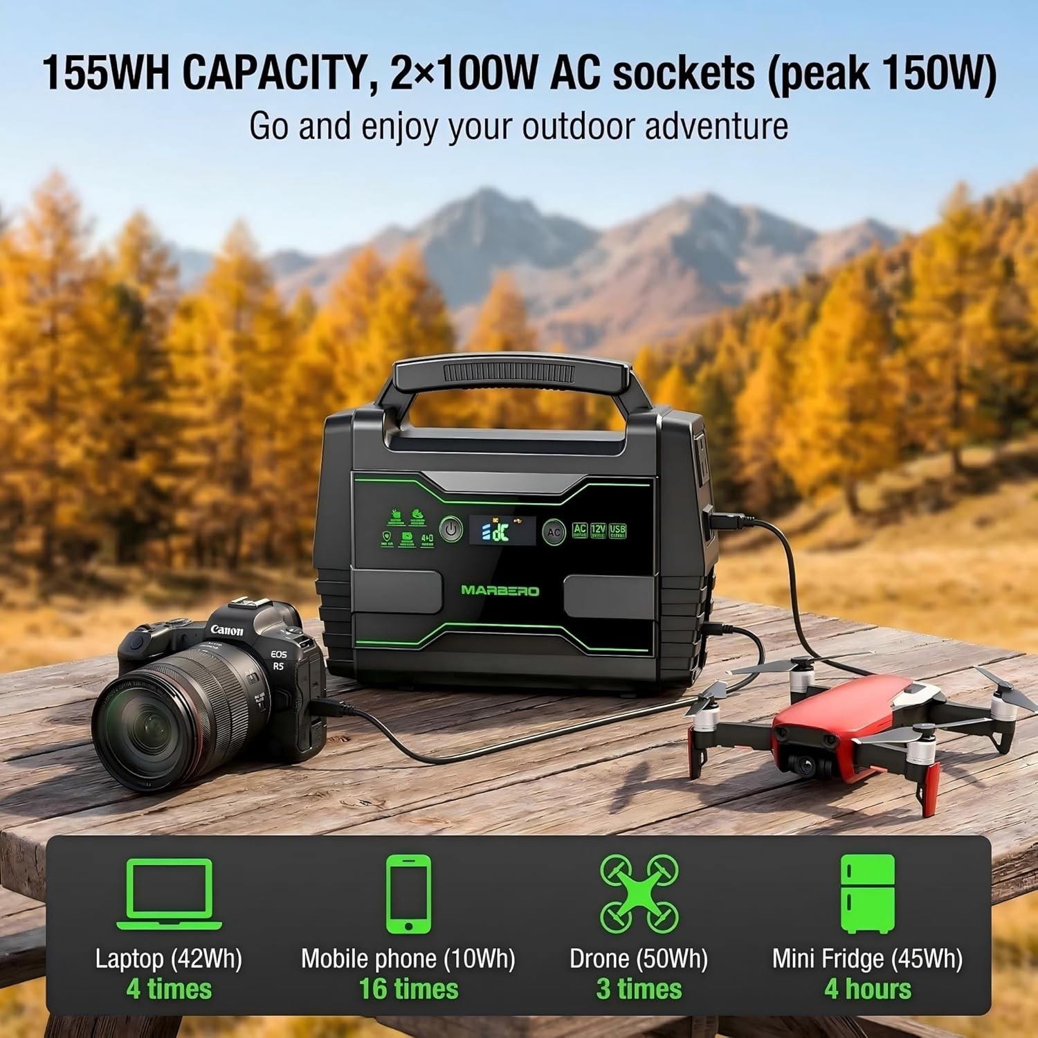 Lightweight 155Wh Solar Power Station with Fast QC3.0 USB Charging & LCD Display