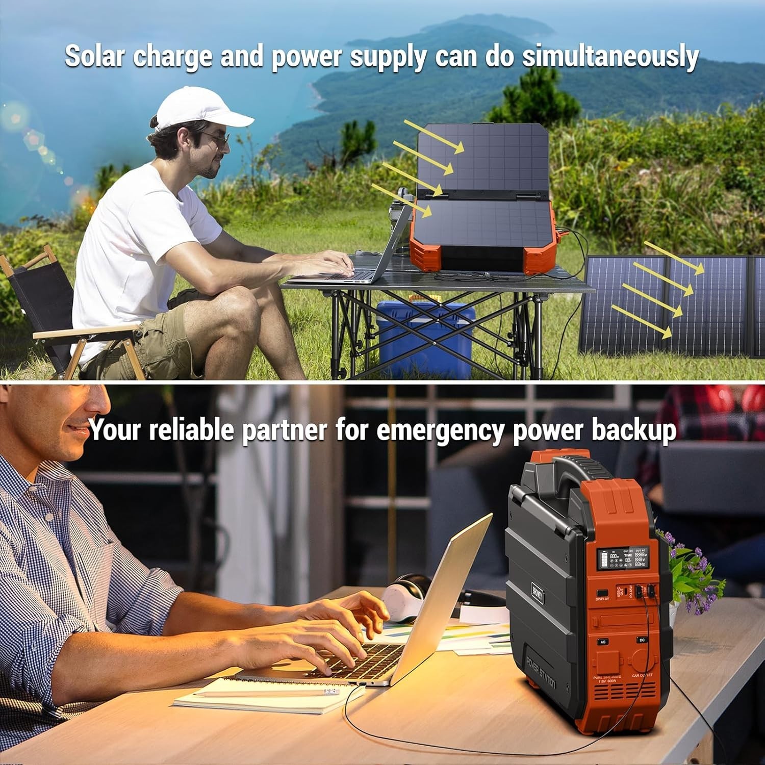 Portable Power Station 1000W with Built-in Solar Panel, 614WH/192000mAh LiFePO4