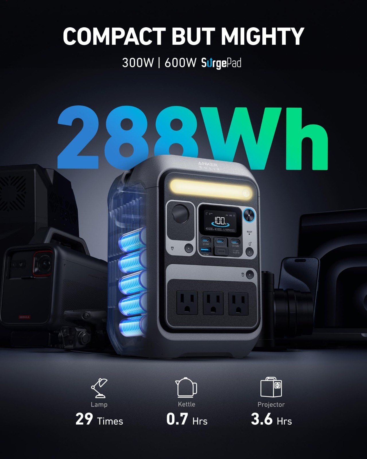 Anker SOLIX C300 288Wh Portable Power Station, 300W/600W Surge, Solar-Ready