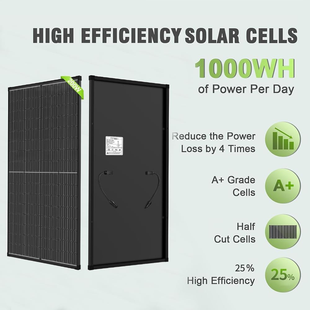 200 Watt Solar Panel, 12V Single Panel, N-Type Monocrystalline 25% High-Efficien