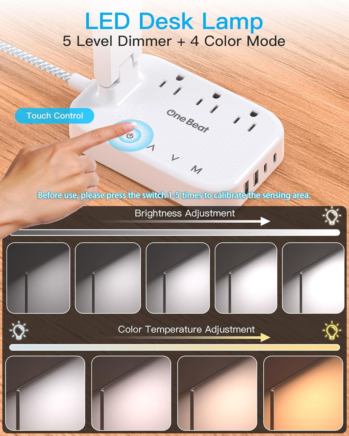 One Beat Small LED Desk Lamp Power Strip 5Ft Extension Cord with 3 Outlets 4 USB