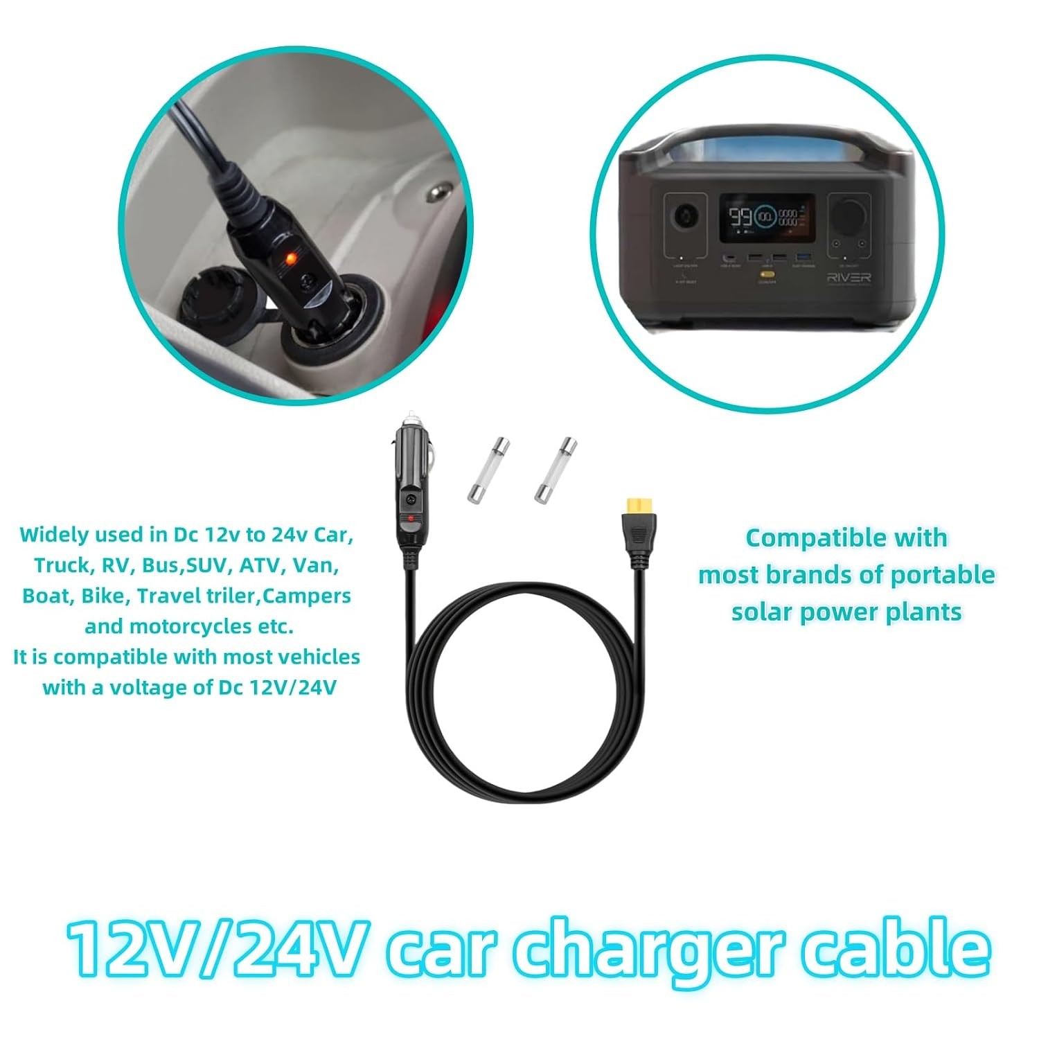 Portable 12V/24V Car Charger Compatible with Ecoflow Delta/River & Bluetooth