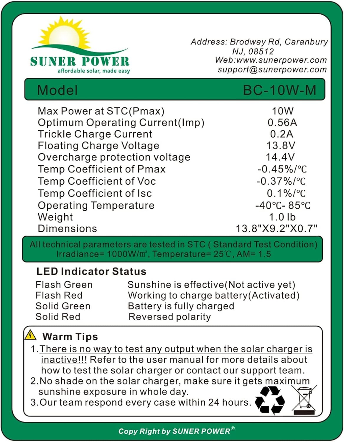10W 12V Solar Battery Charger with Smart MPPT, Waterproof Panel for RV & Boat