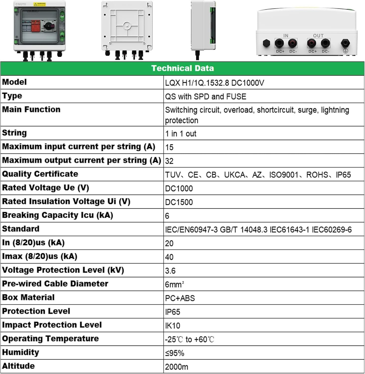 Waterproof Solar PV Combiner Box with 32A Circuit Breaker & Surge Protector