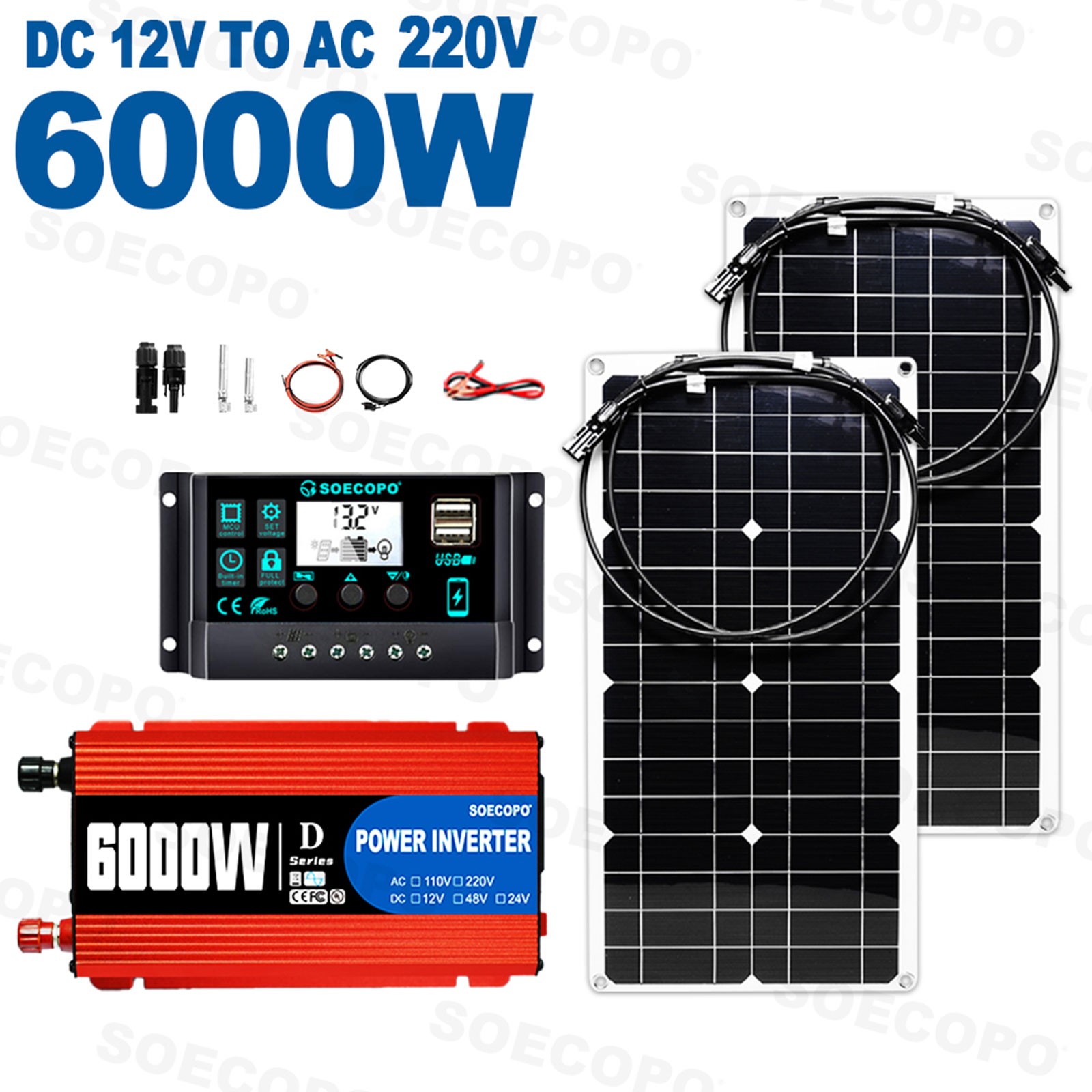 6000W Peak Solar System Kit 2pcs Panel 110V/220V Inverter For Camp Home charger
