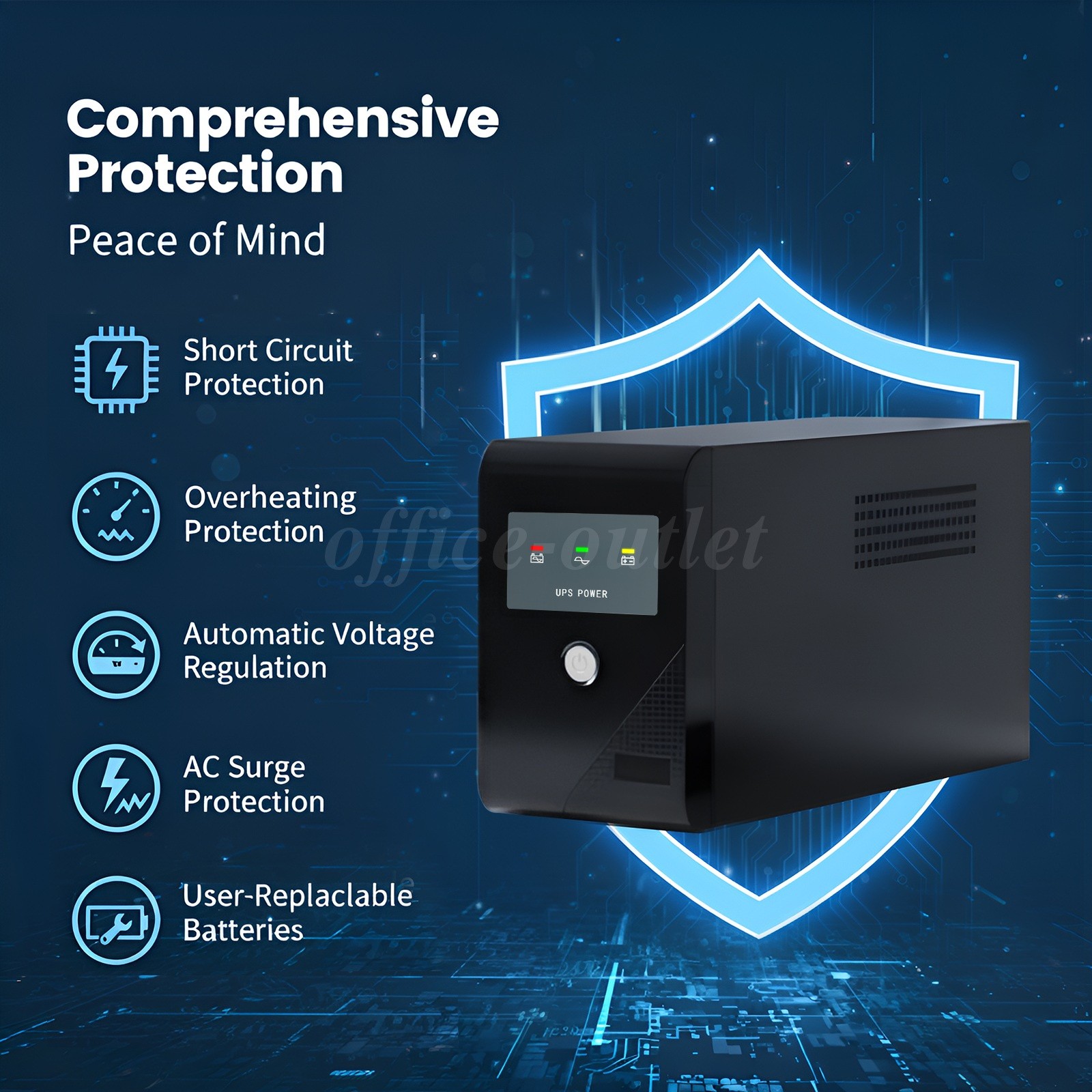 Home Office Backup UPS Power 300W 500VA Continuous Battery Backup w/3 Outlets